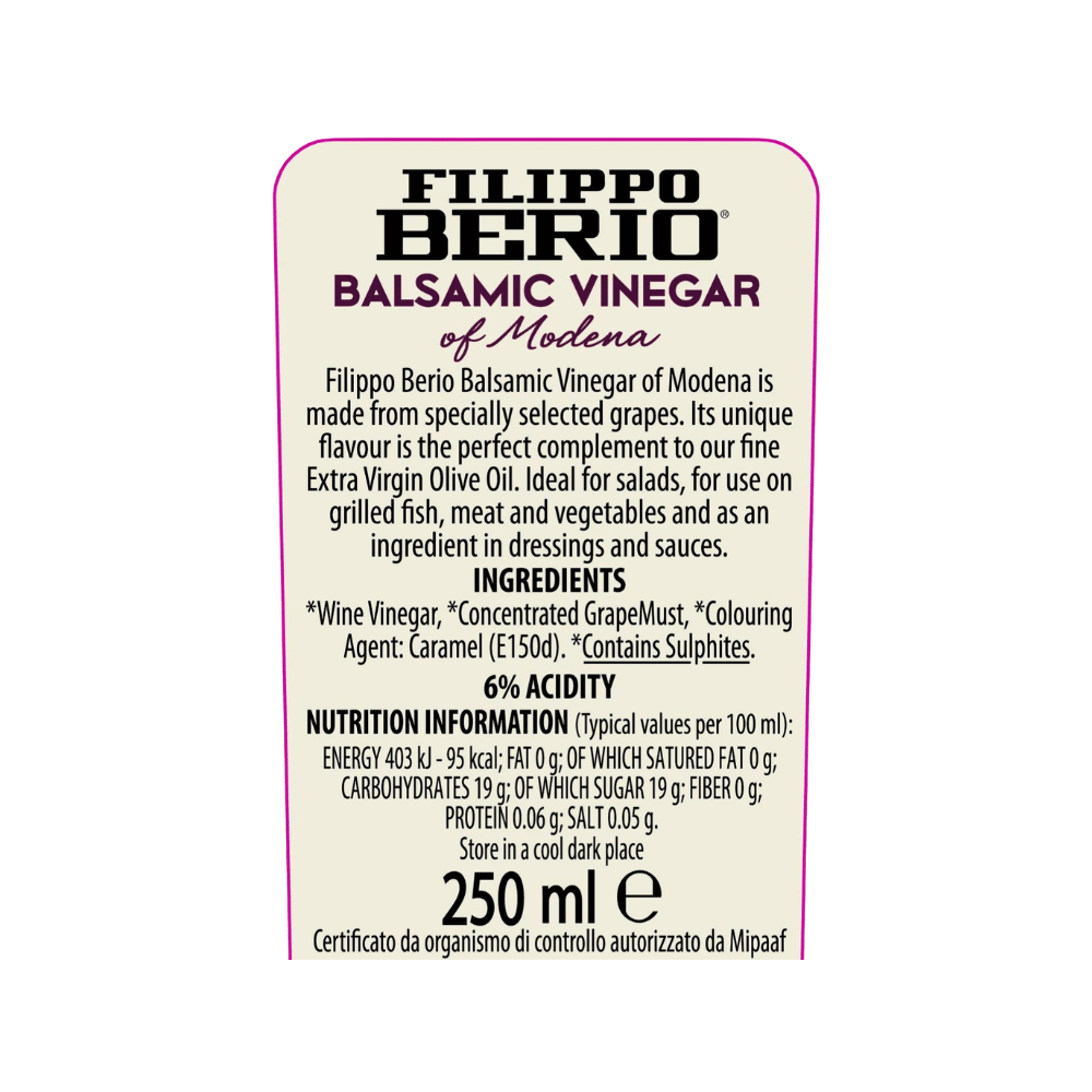 Filippo Berio Balsamic Vinegar of Modena 250ml Label