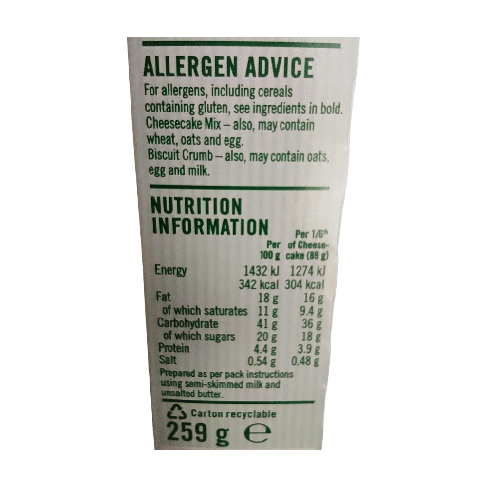 Greens Cheesecake Mix 259g Label (2)