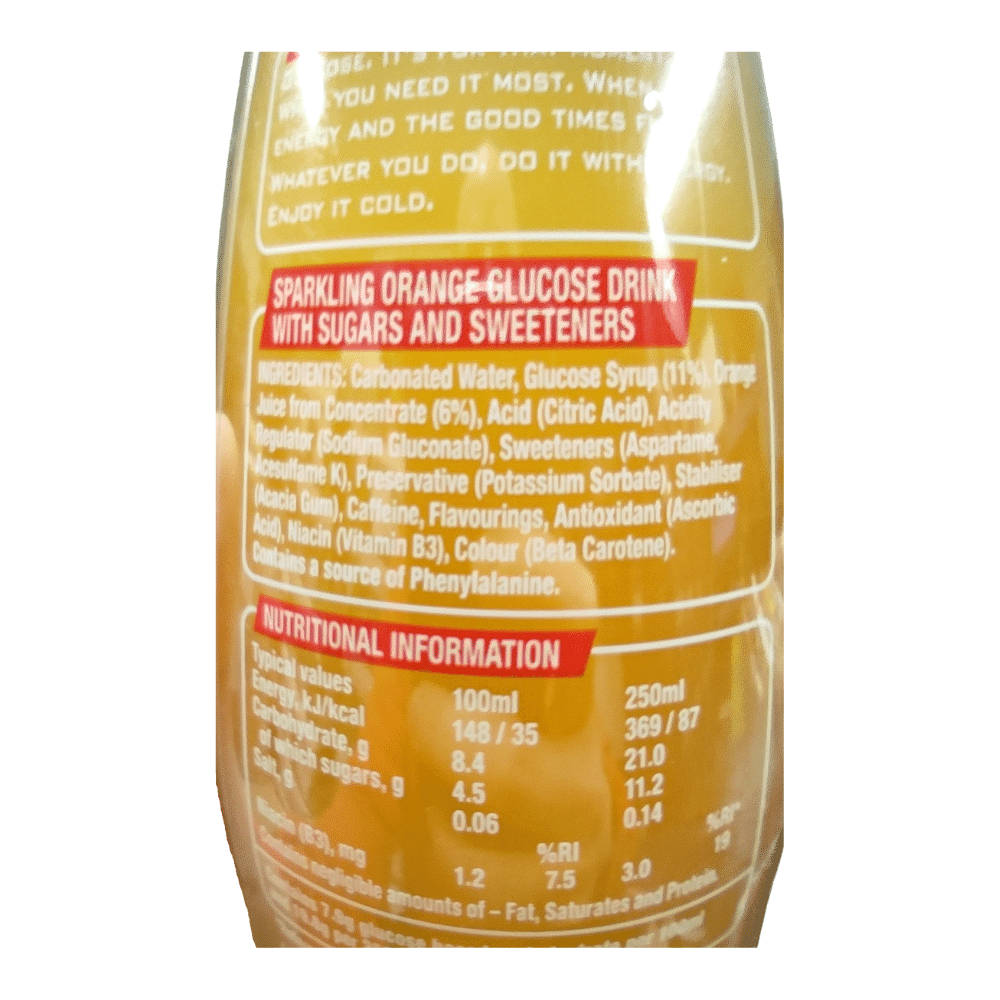 Lucozade Orange Energy Drink 900ml Label
