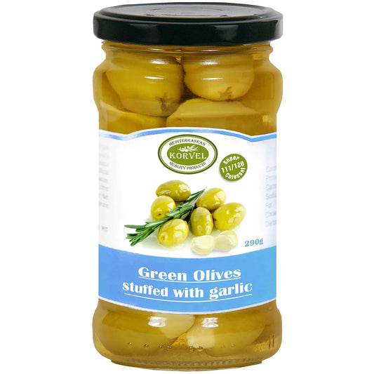 Korvel Green Halkidiki Greek Olives Stuffed with Garlic Super Colossal 290g