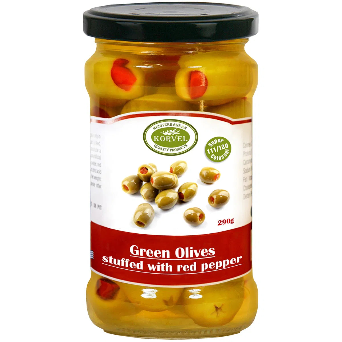 Korvel Greek Halkidiki Olives Stuffed with Red Pepper Super Colossal 290g