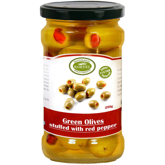 Korvel Greek Halkidiki Olives Stuffed with Red Pepper Super Colossal 290g