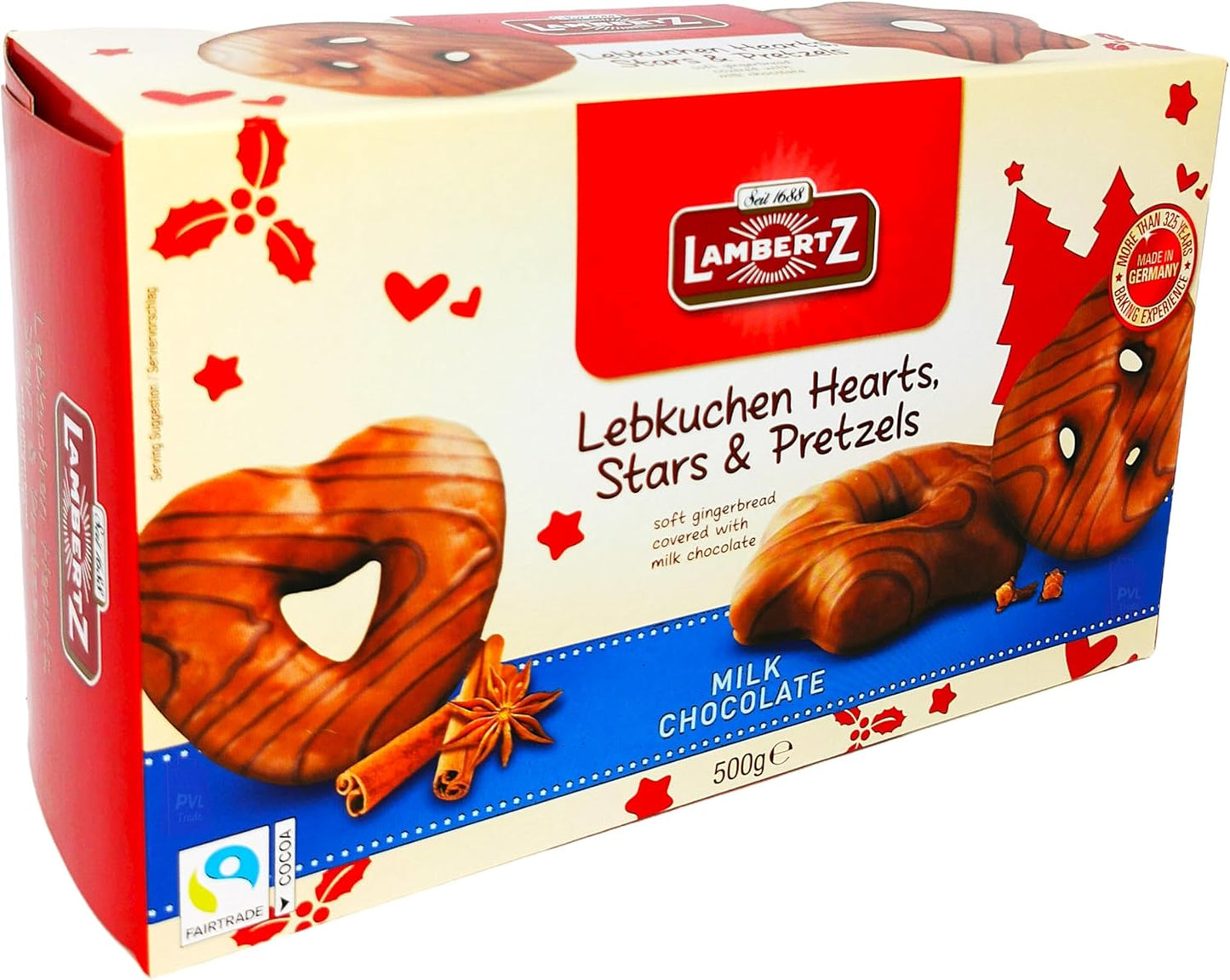 Lambertz Lebkuchen Hearts Stars & Pretzels Milk Chocolate Gingerbread 500g