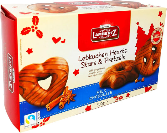 Lambertz Lebkuchen Hearts Stars & Pretzels Milk Chocolate Gingerbread 500g