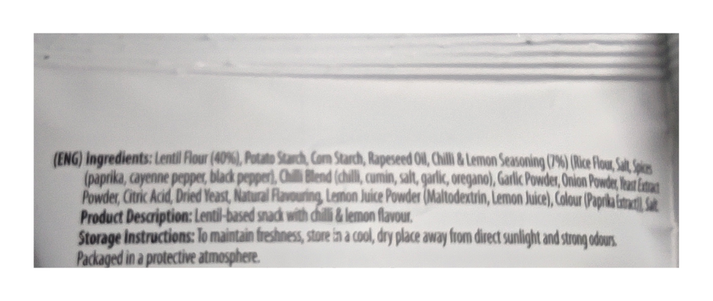 Eat Real Lentil Chips Chilli and Lemon 113g Label