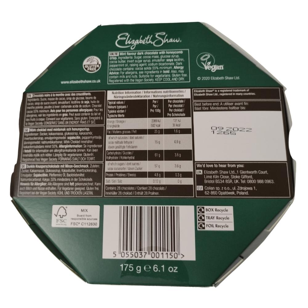 Elizabeth Shaw Mints Dark Chocolate Crisp 175g Label