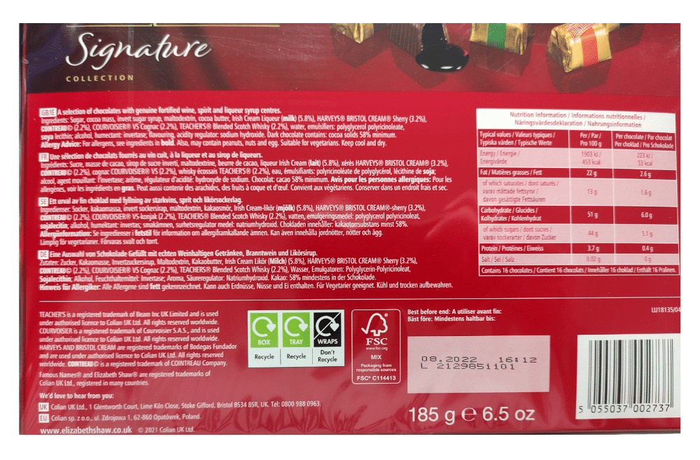 Famous Names Signature Collection Chocolate Liqueurs 185g Label