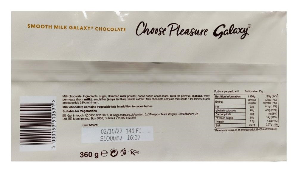 Chocolate Galaxy Bar 360g Label