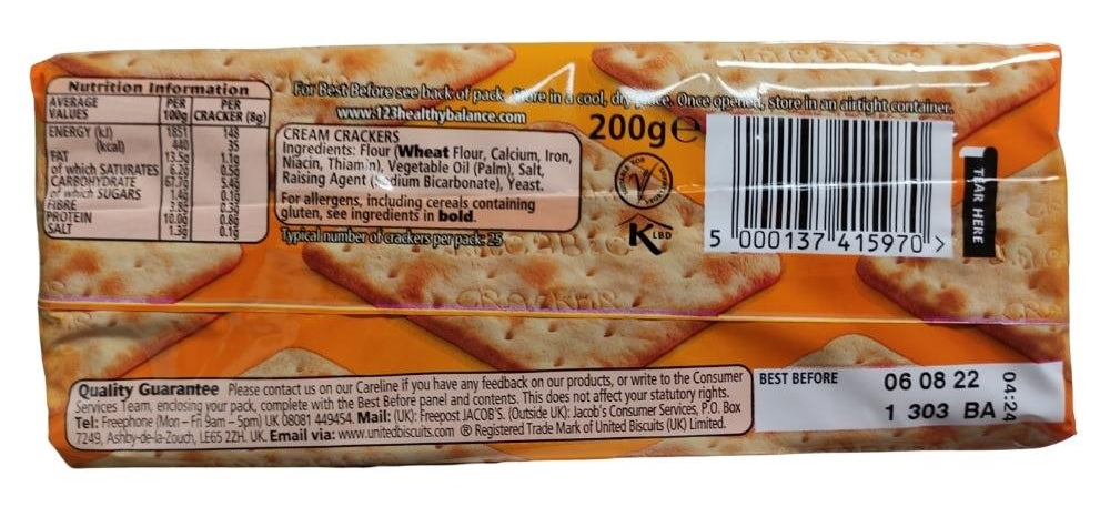 Jacob's Cream Crackers 200g Label