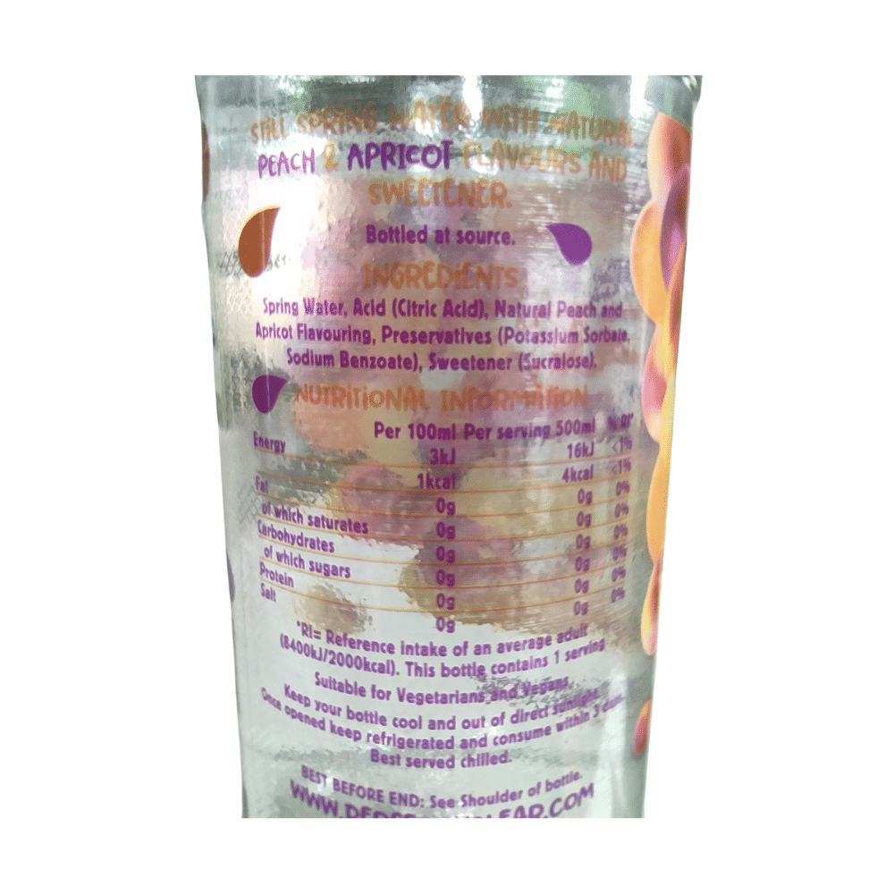 Perfectly Clear Still Peach & Apricot Flavoured Spring Water 500ml Label