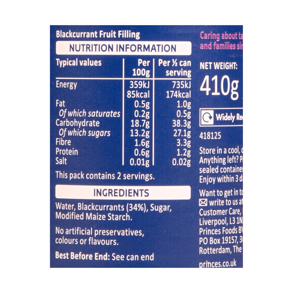 Princes Blackcurrant Fruit Toppings & Fillings 410g Label