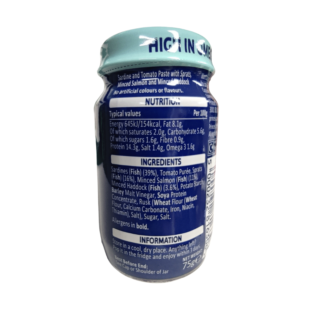 Princes Sardine and Tomato Paste 75g Label