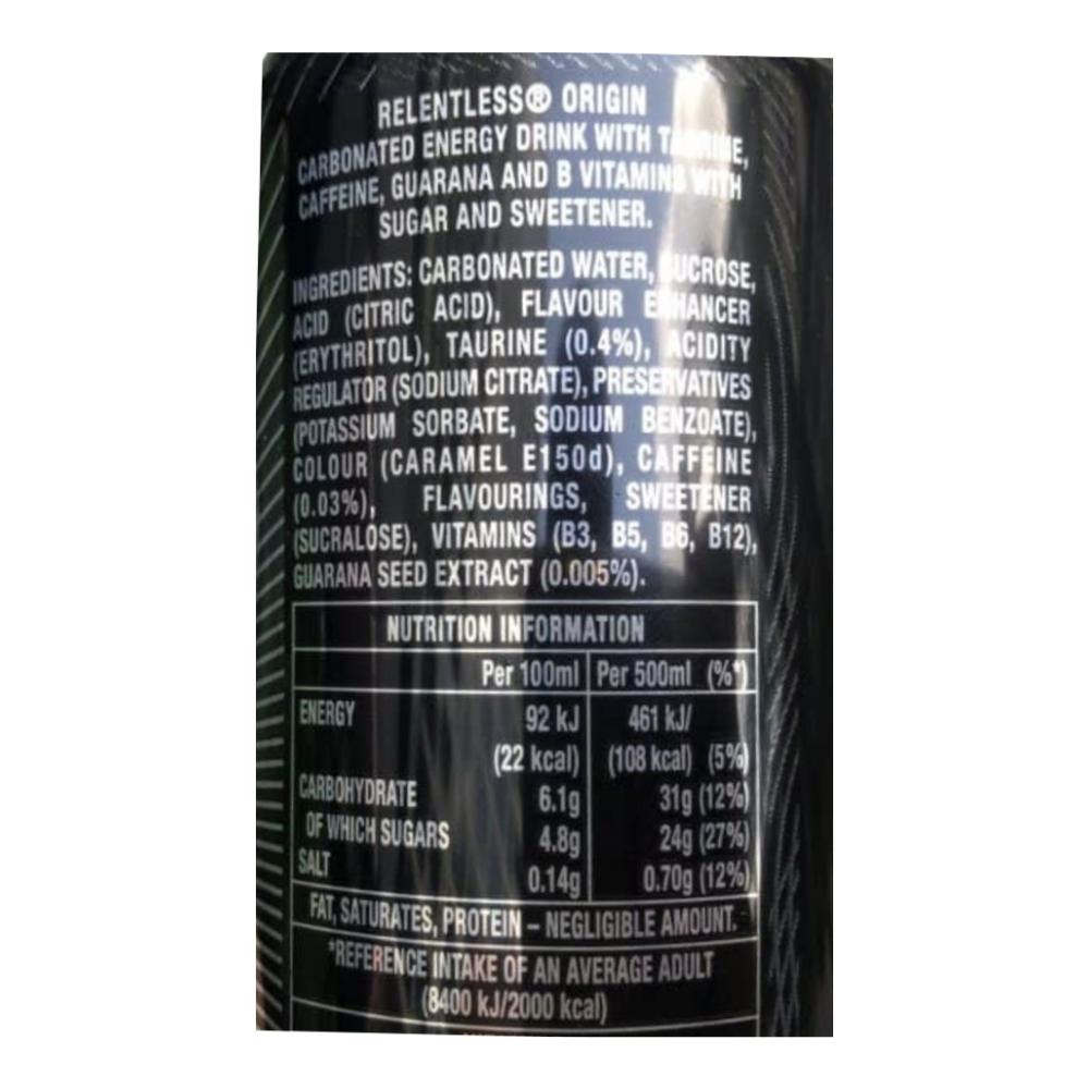 Relentless Origin Energy Drink 500ml Label