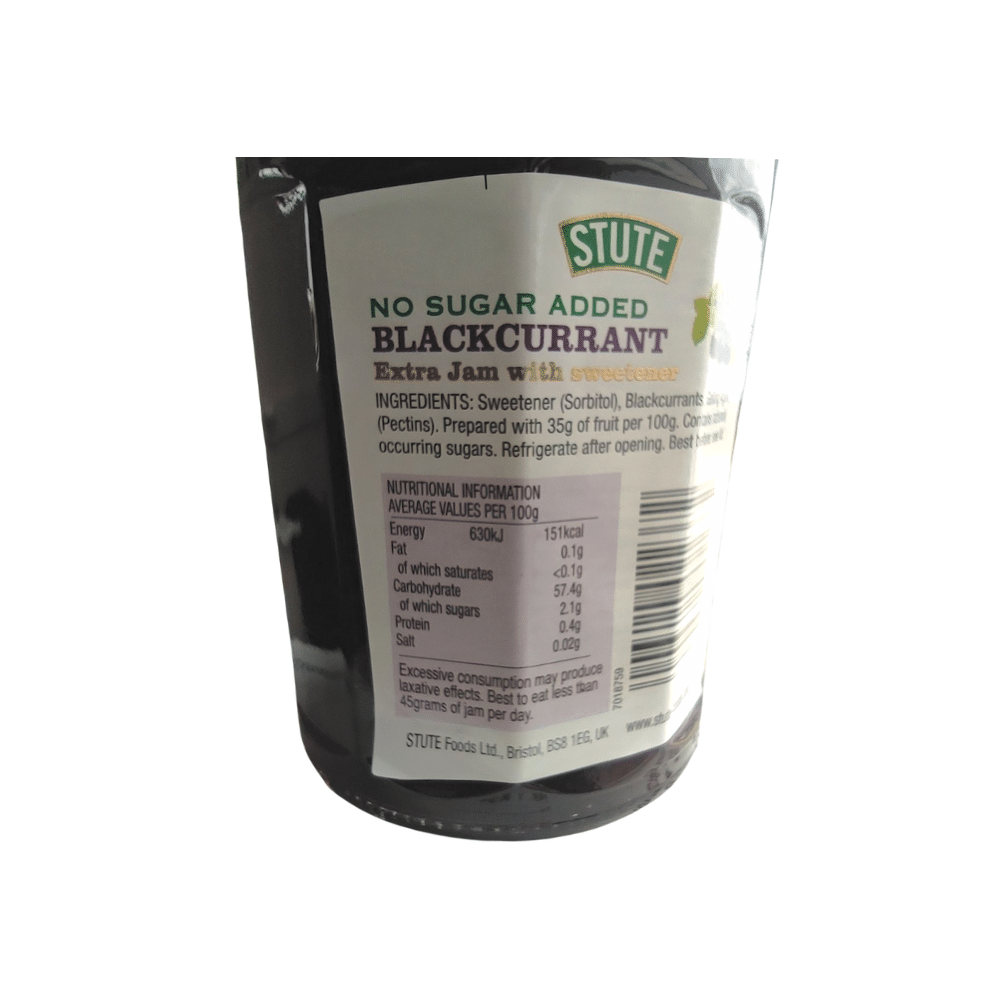 Stute No Sugar Added Blackcurrant Extra Jam 430g Label